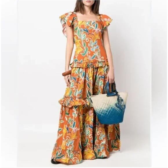 LA DOUBLEJ Scarlett Floral Tiered Maxi Dress Lily Orange Floral Sz XL {KK21} - Picture 1 of 14